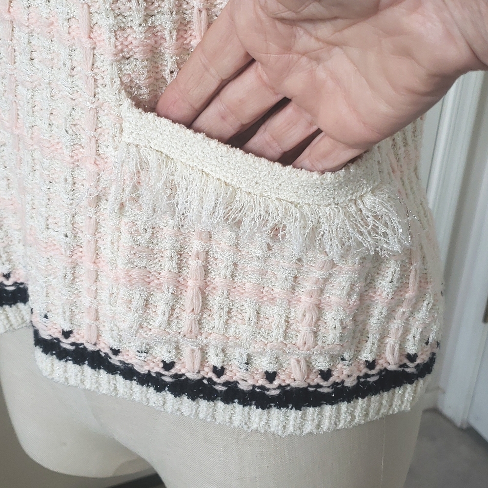 Anthropologie Tweed Sweater Tee • Fringe Pockets • Cream Pink Plaid Knit Top M - Picture 9 of 12